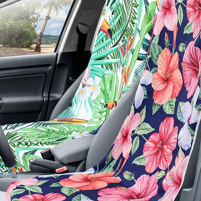 4 Pack Car Seat Towel Covers with Storage Bag 63 x 32 Inch Athletic Running Towel Seat Sweat Washable Non Slip Cover Gift for Car Outdoor Sport Activities (Tropical Summer Flower)