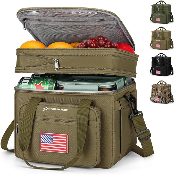 Maelstrom Lunch Box, 23L Insulated Lunch Bag, Expandable Double Deck Cooler Bag, Lightweight Leakproof Tote Bag With Side Tissue Pocket, Suit For Men and Women (H Khaki with DIY Hook-and-Loop)
