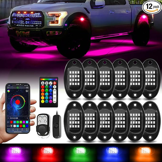 12 Pods RGB LED Rock Lights with APP/RF Remote Control High Brights Waterproof Underglow Multicolor Zone Neon Exterior Rock Lights for 12V Trucks Jeep UTV ATV RZR Offroad Pickup SUV Accessory