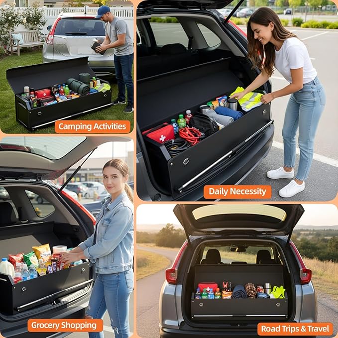 SUV Trunk Organizers, Leather Car Trunk Storage Organizer with Lid & Push-pull Handle, Large Capacity Waterproof Cargo Storage Box for SUVs Sedans Vans (39.7 x 11.4 x 12.2in)