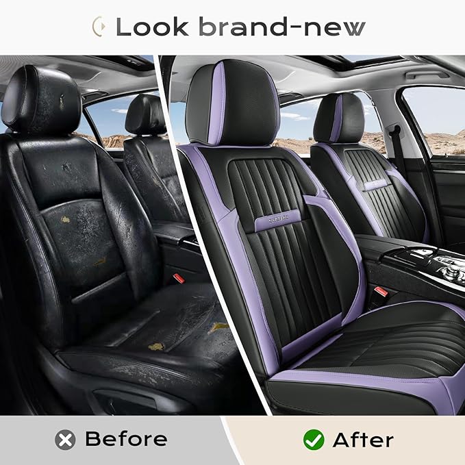 Coverado Car Seat Covers Front Seats, Seat Covers for Cars, Car Seat Protector, 2-Pack Car Seat Cushion Nappa Leather, Waterproof Seat Covers Carseat Cover Universal Fit for Most Cars(Purple&Black)