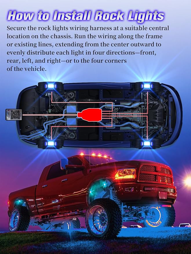 4 Pods 5-Sides Full Angle RGB LED Rock Lights High Brightness 36 Beads RGB 5050 IP68 Waterproof Underglow Multicolor Zone Neon Exterior Rock Lights for 12V Trucks Jeep UTV ATV RZR Offroad Pickup SUV