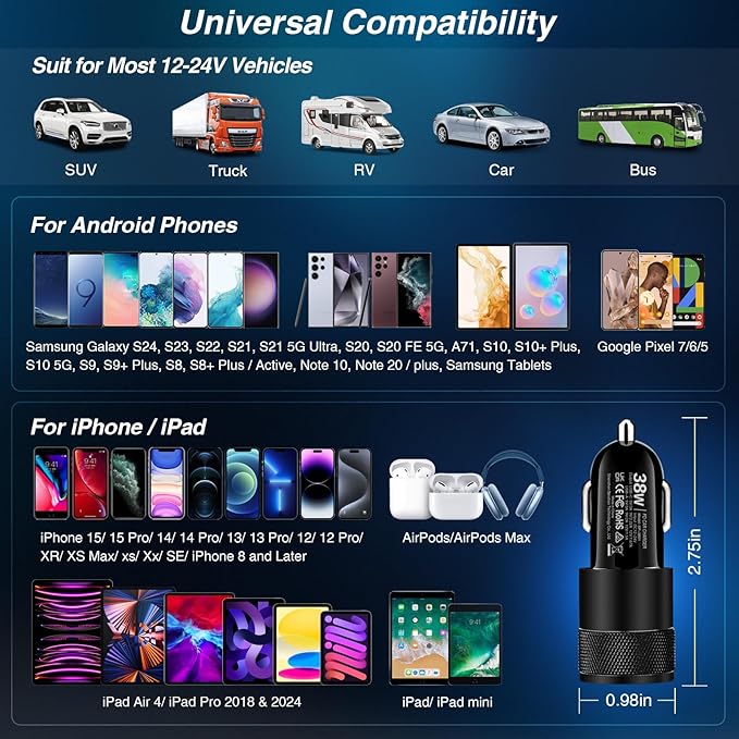 USB C Car Charger, 5 Pack 38W Dual Ports USB-C & USB-A Cigarette Lighter Adapter Fast Charging Car Phone Charger for iPhone 17 Pro Max 16 16e 15 14, Samsung S24, Pixel Cargador para Carro Phone Plug