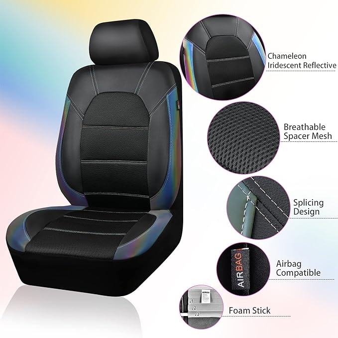 CAR PASS Leather seat Covers,Automotive Universal Sport car seat Cover Super 5mm Composite Sponge Inside,Airbag Compatible fits Most SUVs, Trucks,and Vans (Full Set,Chameleon Iridescent Reflective)