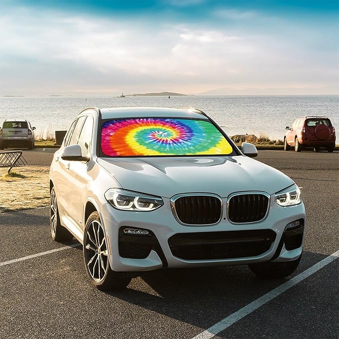 CHILL�TEK Car Windshield Sun Shade Umbrella, Fashion Tie Dye Foldable Umbrella Sunshade for Front Window UV Reflector Protection Auto Shades Cover red 1,57x31 In