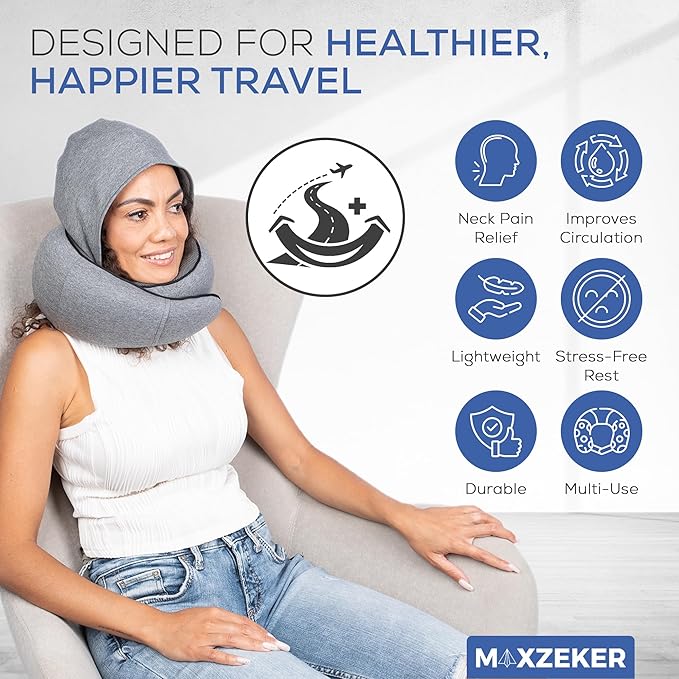 Travel Neck Pillows for Airplanes – Sleep Comfortably on Long Flights, Roadtrips, Home or Office. All-in-One Travel Sleep Kit with Hood, Eyemask and Earplugs