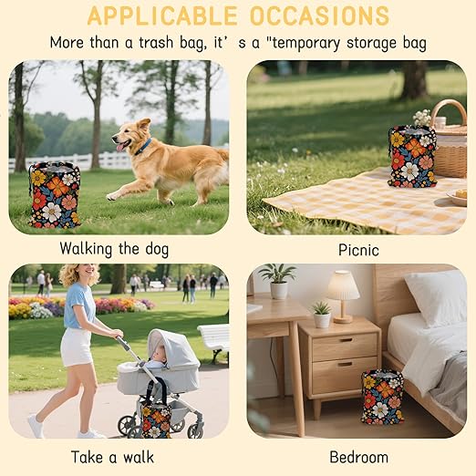 Colorful Flowers Car Trash Bag, Hanging Drawstring Car Garbage Bag,Canvas Car Back Seat Organizer with Adjustable Buckle for Men and Women