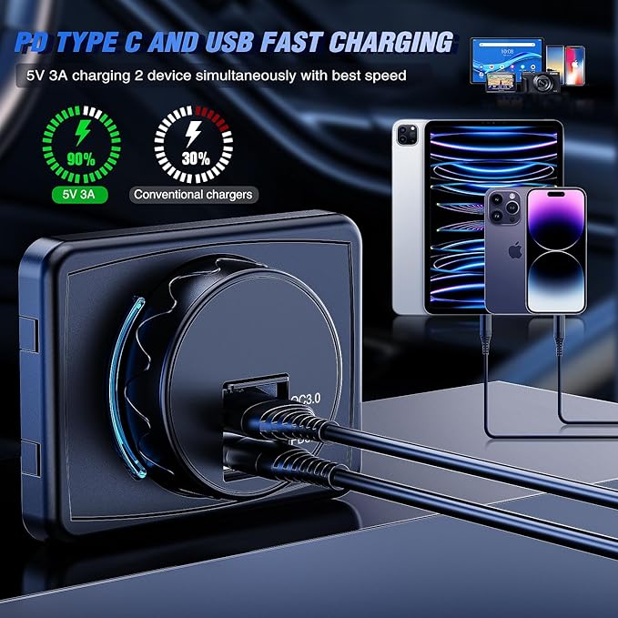 Nilight Quick USB Socket 12V 24V PD Type C and USB Connector 3A Car Outlet with Waterproof Cover Spring Cap LED Light Dual Outlets Port for Cars Trucks Motorcycle RVs Campers