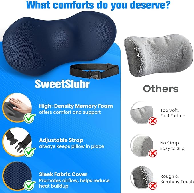 Lumbar Support Pillow for Office Chair - Memory Foam Lumbar Pillow with Detachable Strap & Breathable Cover, Ergonomic Back Support for Office Chair, Car, Bed Rest (Blue)