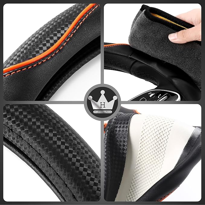 3D Car Steering Wheel Cover Comfort Grip Massage Sporty Anti-Slip Carbon Fiber Faux Leather for F150, Trucks, Jeep, Van, Car Handle Covers for All Seasons, 15.2-16in, Orange