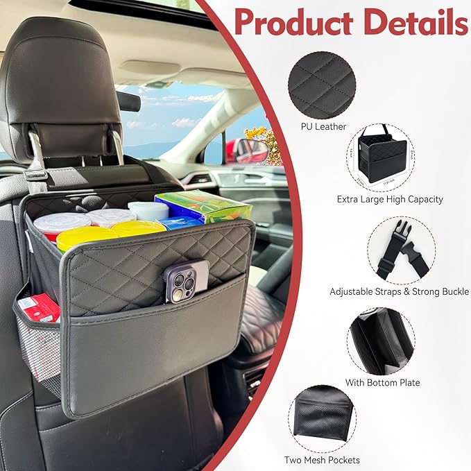 Witaxima Upgraded Extra Large Car Seat Organizer Backseat with 3 Storage Pockets, Multipurpose Car Organizer Hanging Car Trash Bag Can Premium PU Leather Garbage Can 3 Gallon Large Capacity, Black.