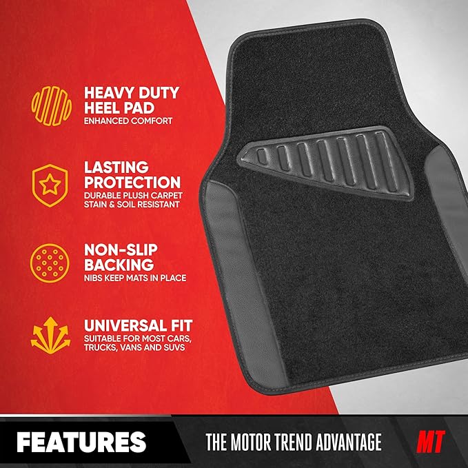 Motor Trend Waterproof Car Floor Mats Universal Fit Car Mats with Driver Heel Pad Leather Car Carpet Floor Mats for SUV Van Sedan Truck Anti-Slip Backing Carpet Mats Black and Gray