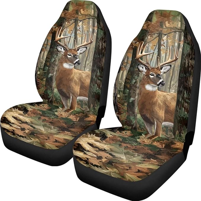 ELEQIN Car Seat Covers, Camo Hunting Deer Seat Cover Front Car Seat Cushion, Front Auto Protector Universal Fit Most Cars, Automotive Interior Accessory