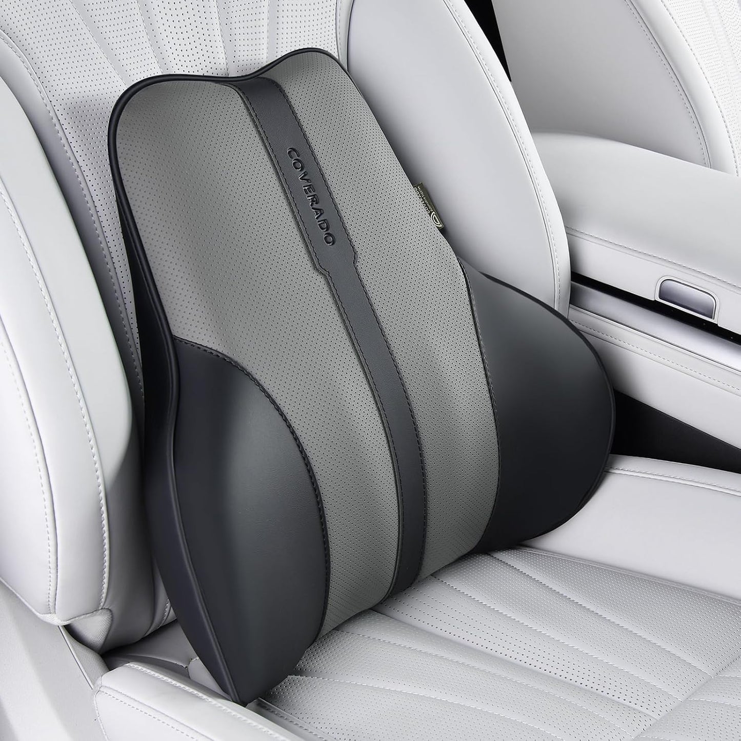 Coverado Lumbar Support Pillow for Car, Ergonomic Memory Foam Back Pillow for Office Chair, Back Cushion for Back Pain Relief, PU Leather Car Lumbar Support for Driving Seat - Black&Gray