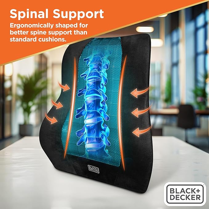 BLACK+DECKER Memory Foam Lumbar Support Pillow with Cooling Gel – High Back Lumbar Cushion for Office, Car, Wheelchair & Airplane – Ergonomic, Pain Relief, Adjustable Strap, Washable Cover,Black/Grey