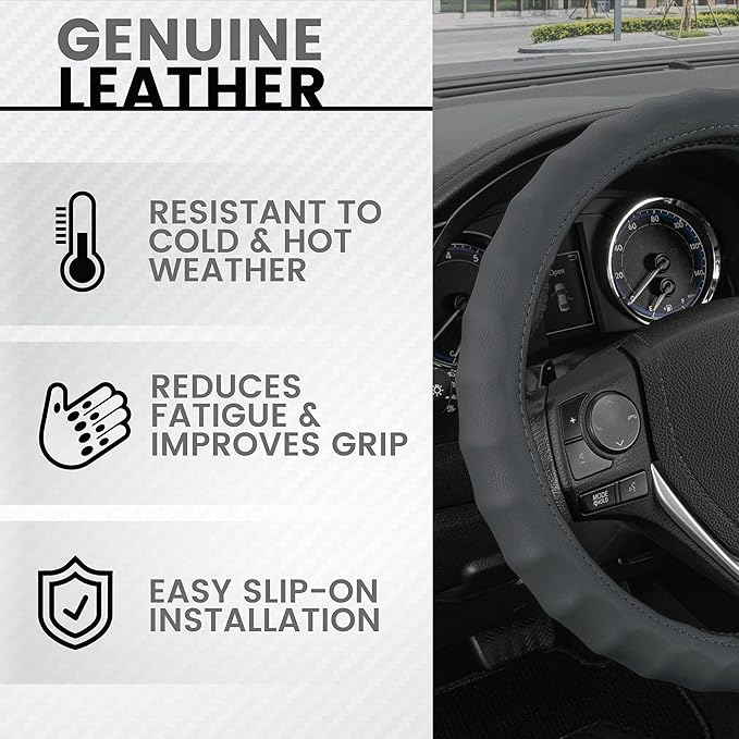 BDK SW-899-MG Genuine Leather Car Steering Wheel Cover 14.5-15 inch Medium/Gray, Easy Installation