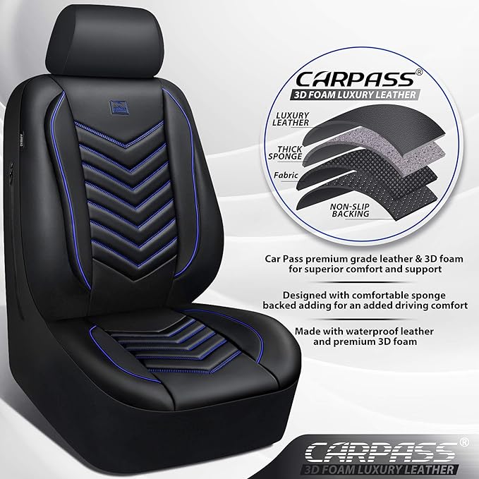 CAR PASS 3D Foam Faux Leather Car Seat Covers Front Seats,Waterproof Leather Front Seat Cover for Car,Universal Fit for SUV Truck Sedan Automotive,Armrest Airbag Compatible Anti-Slip, Black and Blue