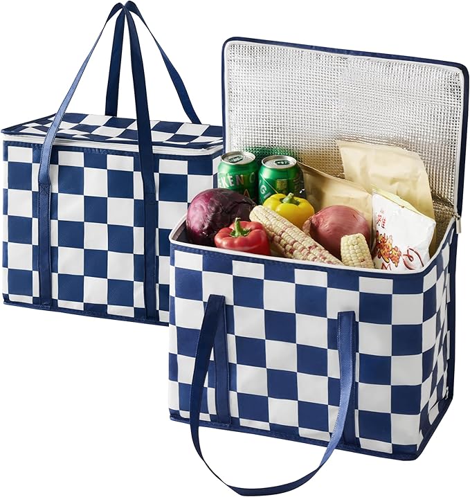 Checkered Insulated Grocery Bags 2 Pack, Checkerboard Cooler Shopping Bags for Groceries, Insulated Bags for Food Delivery