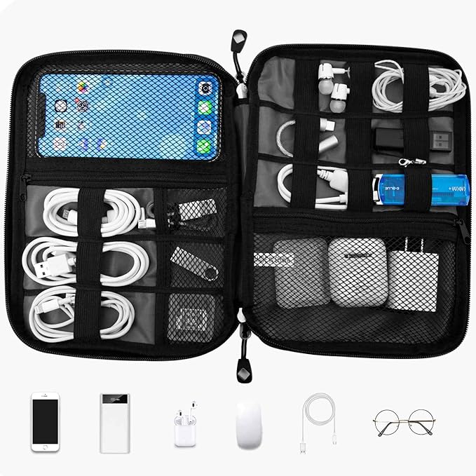 Travel Cable Organizer Bag Waterproof Portable Electronic Accessories Organizer for USB Cable Cord Phone Charger Headset Wire SD Card with 5pcs Cable Ties(Black)