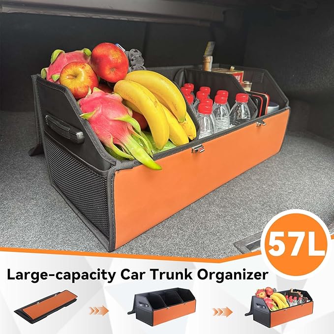 Noaman Leather Trunk Organizer for SUV - Large Car Trunk Storage Organizer with Lid and 2 Removable Dividers, Foldable Car Organizers and Storage Box for Sedan with 2 Metal Locking Clasps Black.