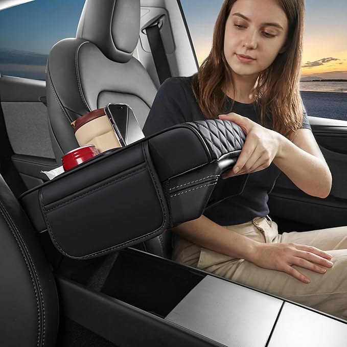 5 in 1 Car Center Console Cover, Armrest Pad with 2 Storage Pockets, Cup Holder, Tissue Box Slot, Phone Holder, Universal Car Interior Organizer (Black)