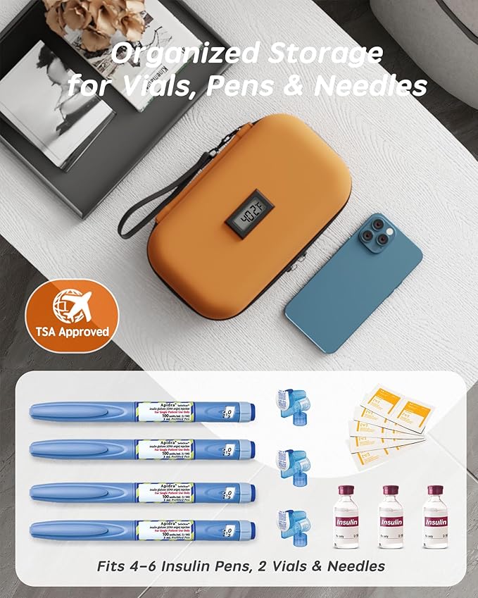 Insulin Cooler Travel Case with Temp Display, 2 x 180g TSA Approved Ice Packs, 9-Layer Insulation for Improved Cooling, Insulin Pen Case, Waterproof, for Daily Use and Trips (Bright Orange)
