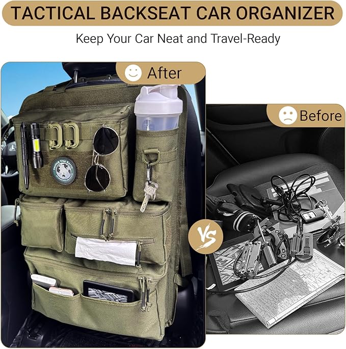 Tactical Seat Back Organizer Heavy Duty MOLLE Panel Organizer with Multiple Pockets & Hook Loop Panel for Road Trip Essentials, Universal Fit for Car SUV Truck Jeep (Army Green)