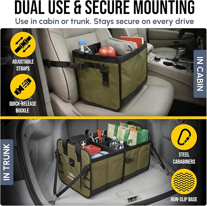 4-Section Extra Large Trunk Organizer – Heavy Duty 1680D, Collapsible & Foldable Cargo Organizer, Modular Multi-Shape Storage System for SUVs, Trucks, Vans – Green