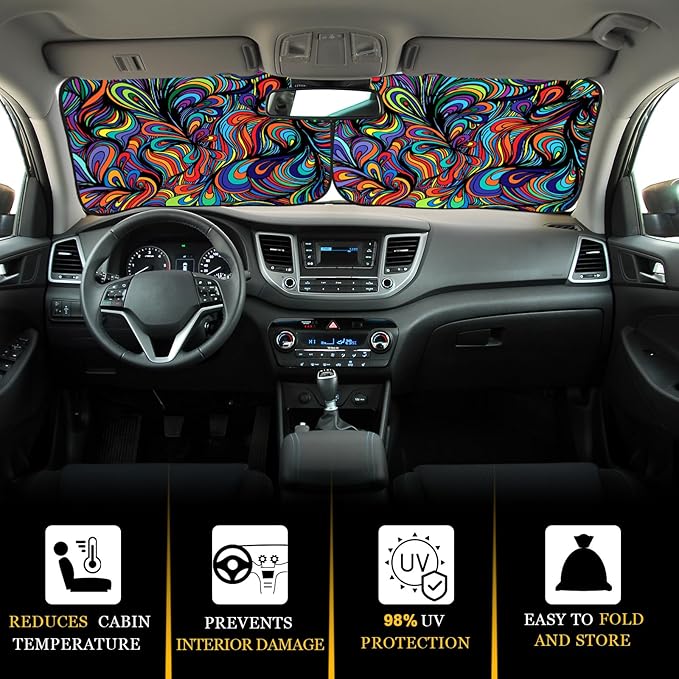 Moukeren 2 PCS Windshield Sun Shade for Car Foldable Window Covers for Car Accessories Reflect UV Sun Heat Protector for Universal Cars SUV Truck RV (Abstract, 31.75 x 28.75 Inch)