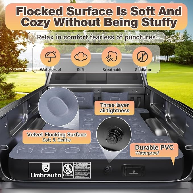 Umbrauto Built-in Pump Air Mattress for 5.5-5.8ft Short Truck Bed, Inflatable Full-Size Pickup Airbed for Ford F150, Chevy Silverado, GMC Sierra, Dodge Ram, Toyota Tundra, Nissan Titan Outdoor Camping