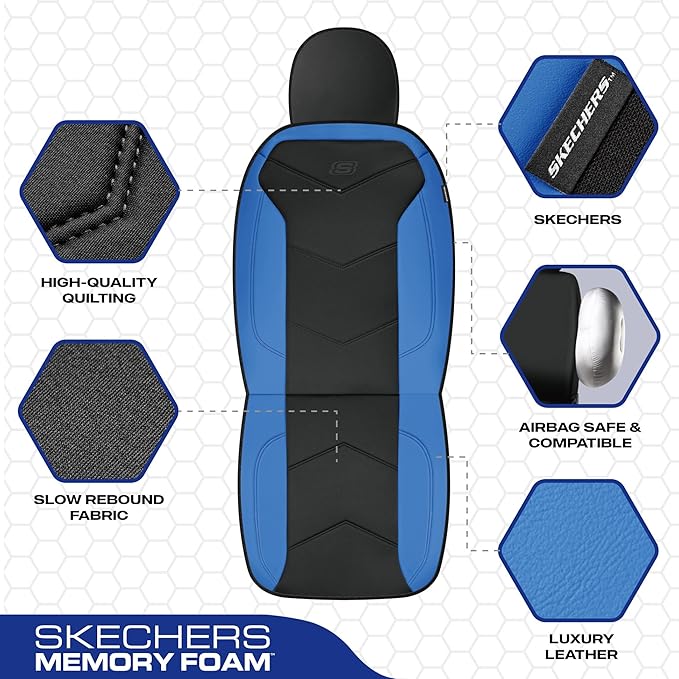 Skechers Memory Foam Seat Covers,Leather Car Seat Covers, Ultimate Comfort & Support Front Seat Covers Airbag Compatible, Automotive Universal Fit Most for SUVs, Vans, Sedans, Cars, Trucks,Blue