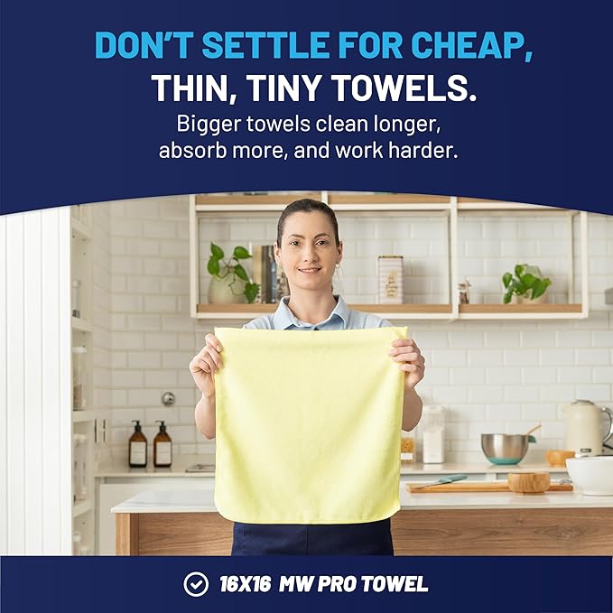 Microfiber Wholesale MW Pro 16x16 Commercial Cleaning Rags - Professional Janitorial Supplies for Dusting, Office & Heavy Duty Cleaning - Multi-Surface Dusters (Yellow, 12-Pack)