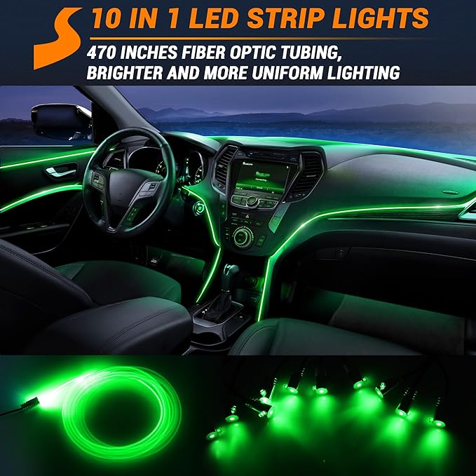 Interior Car LED Strip Lights 470 inches Fiber Optic tubing USB Powered RGB 10 in 1 Car Neon with Wireless APP and Remote Control, Ambient Lighting Kits 16 Million Colors,Sync to Music