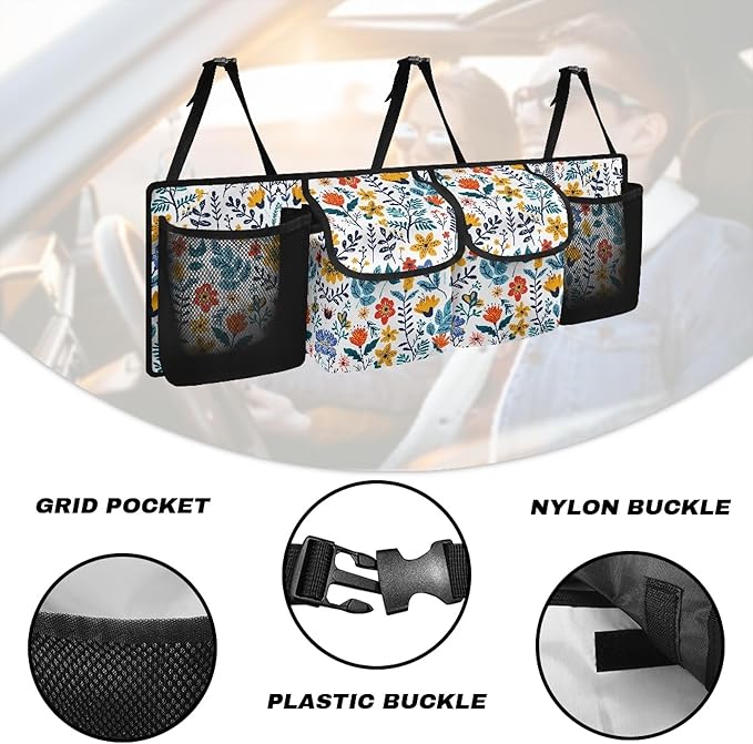 Car Trunk Organizer for SUV, Truck, Sedans, Vans, Oxford Cloth, Equipped with Robust Elastic Net, Flower Leaf Hanging Car Storage Organizer with Lids, Space Saving Expert
