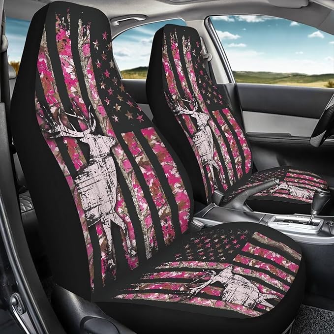 KEIAHUAN Branch Deer Camo Hunting Car Seat Covers Front Seat Cover and Split Rear Bench Seat Covers Set of 4 Stretchable Auto Interior Decoration Accessories for Sedan, Truck, SUV, Van, Pink