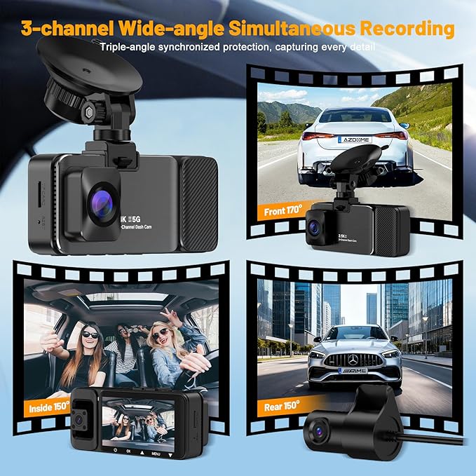 3 Channel 4K Dash Cam Front and Rear Inside, Wide-Angle 360 Camera for Car with 64GB Card Included, Durable Material Dash Camera with Loop Recording, Night Vision, G-Sensor, 5GHz WiFi, 24Hr Parking