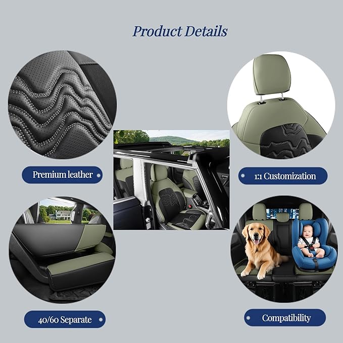 Red Rain Ford Car Seat Cover Customized Fit for Ford Bronco Seat Cover 4 Door 2025 2024 2023 2022 2021 Black and Green Seat Protector (Bronco 4Door-Black+Avocado Green)