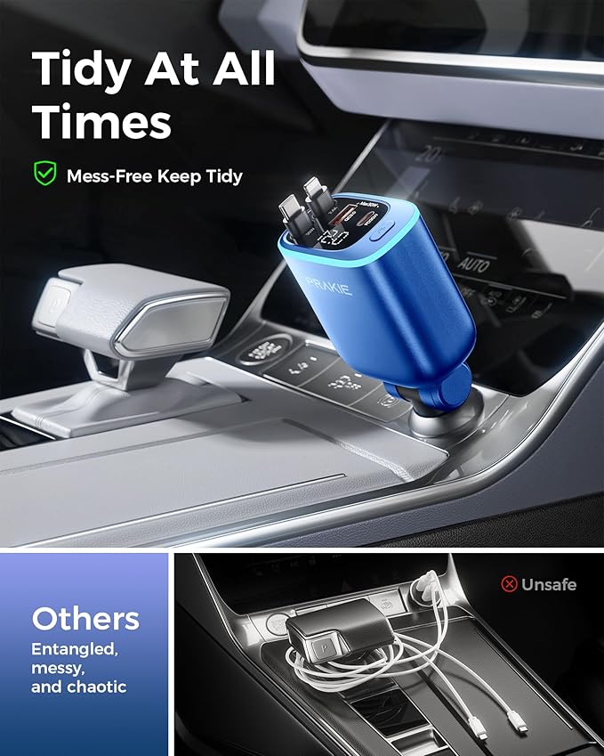 Car Charger, iPhone Fast USB C Phone Car Charger, Cigarette Lighter Adapter with 2 Cables 25 Inch and 2 USB Ports, Retractable 4 in 1Multi Port USB Car Charging for iPhone 17/16/15/14/13/Pro Max-Blue