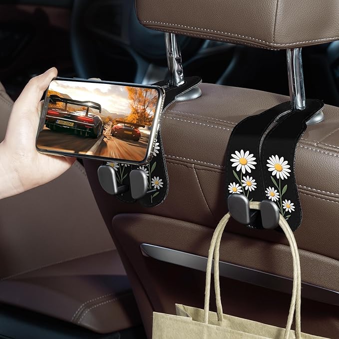CoBak Purse Hook for Car - Universal Premium Stitched Leather and Aluminum-Magnesium Alloy Double Car Seat Back Storage Hook for Purses, Handbags, Bags (2 Pack),Daisy