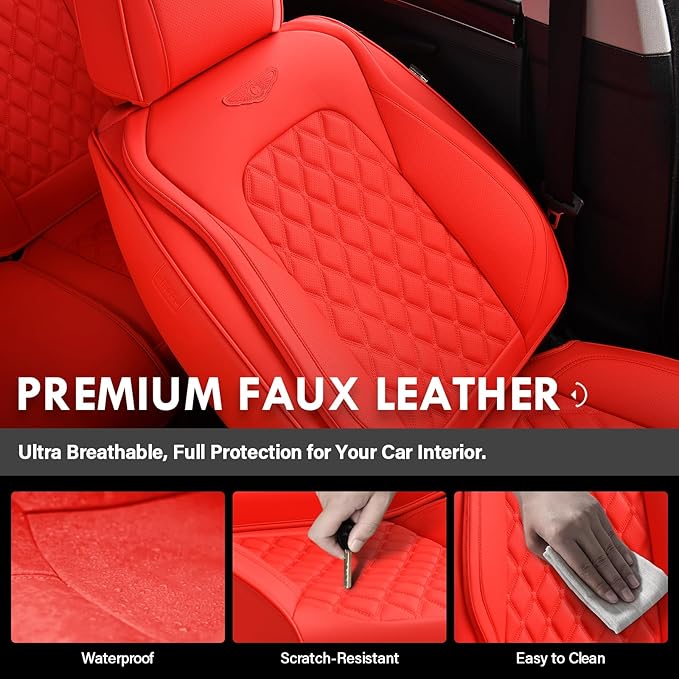 Coverado Full Set Car Seat Covers, 5-Seat Universal Faux Leather Waterproof Seat Covers, Front & Back Car Seat Protectors, Red Leather Seat Covers Fit for Most Vehicles-Red