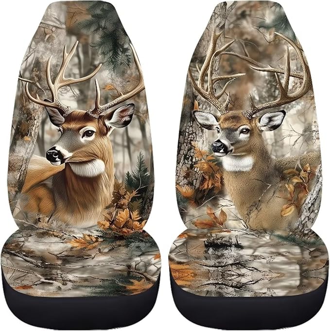 Camouflage Hunting Deer Car Seat Covers for Front Seat Breathable Car Seat Cover Protection Interior Accessories Easy to Install and Clean Universal for Cars SUV