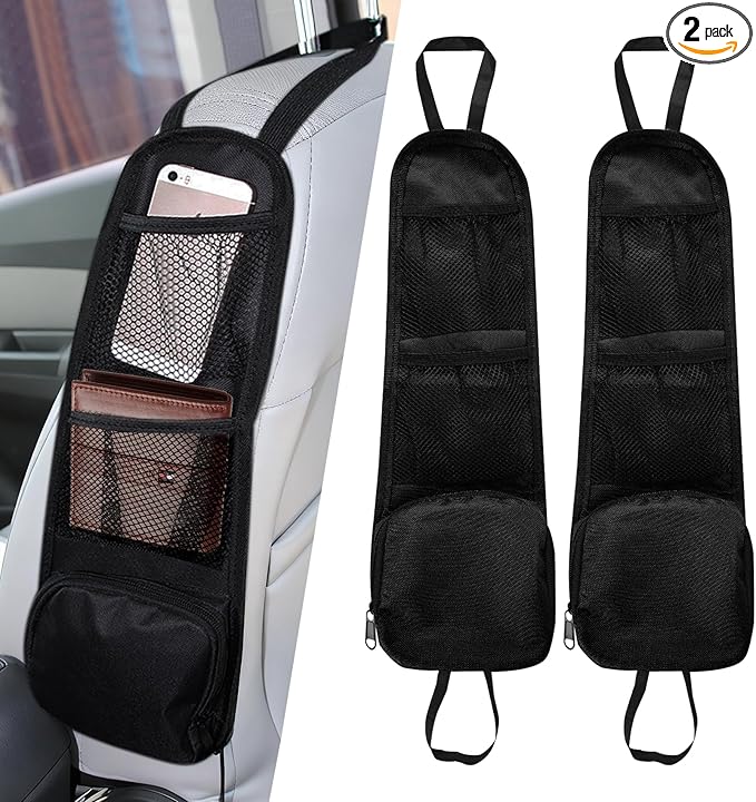 2PCS Car Seat Side Organizer, Seat Side Storage Pocket, Multifunctional Mesh Net Pocket, Car Multi-Pockets Backseat Organizer Side Hanging Bag for Storage Coins, Cell Phones (Black, 2PCS)