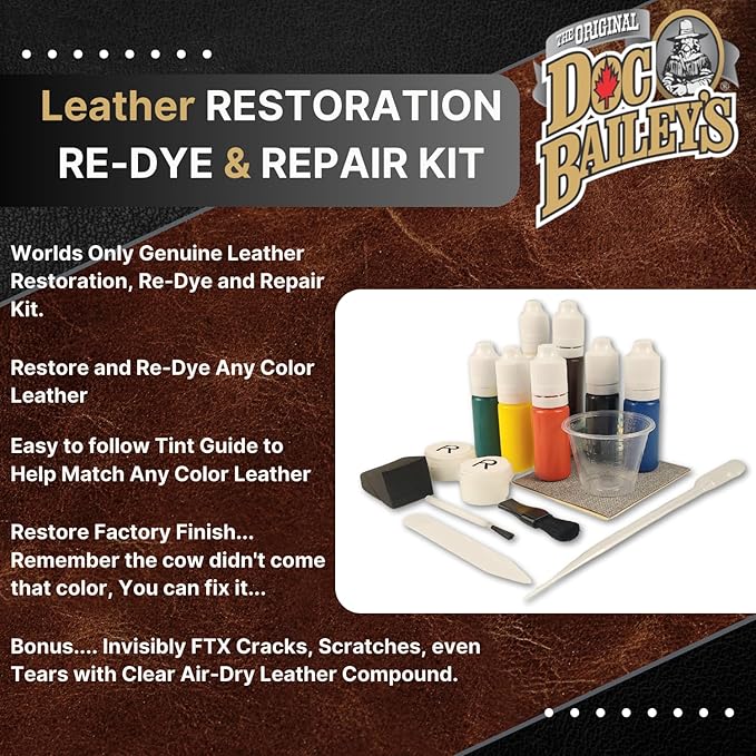Doc Bailey’s Vinyl & Leather Restoration Re-Dye & Repair-A-Tear Kit - Easy, Effective, and Versatile Leather Repair Solution for Furniture, Jackets, Car Interiors and More
