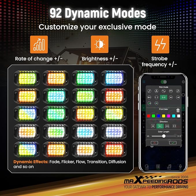 maXpeedingrods Rock Lights for Trucks, 8 Pods RGB Neon Light Kits 3D Lens 288 LEDs, High Bright with App Remote Control Music Mode, Waterproof Underglow Lights for Jeep Off-raod SUV Pickup Car 12V