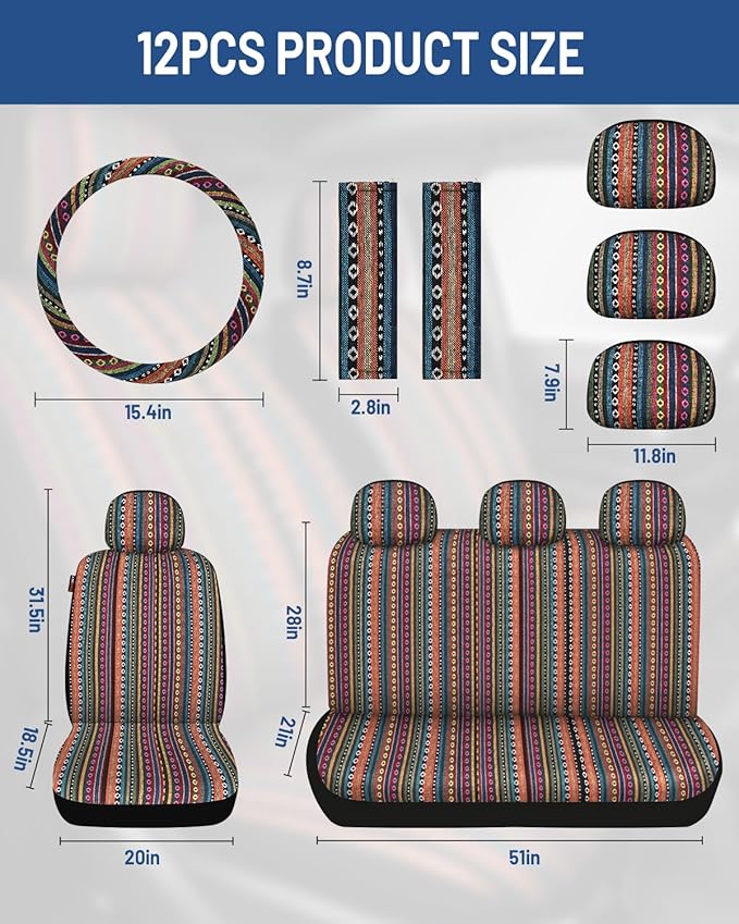 Baja Saddle Blanket Car Seat Covers Front Set, Washable Breathable Striped Woven Cloth Seat Covers for Cars, SUV, Truck, Airbag Compatible(Orange)