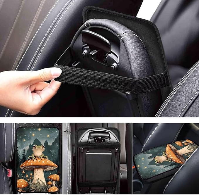 Frog Mushroom Print Car Center Console Pad for Women Men, Universal Auto Armrest Box Protector for Most Cars SUV Trucks Vans