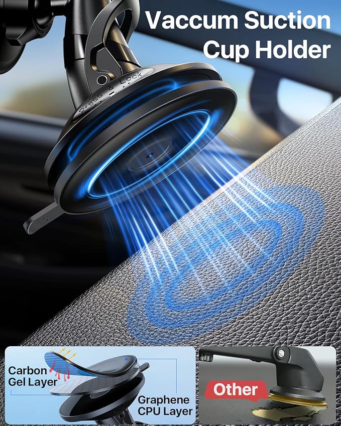 YRU [True Upgraded Military-Grade Phone Holder for Magsafe Car Mount 360° Rotating Vacuum Suction Dashboard, 2800gf Strongest Magnetic Windshield Phone Mount for iPhone 17 Pro Max 16 15 14,Black