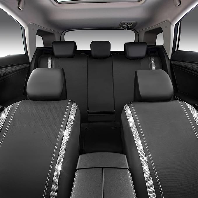 CAR PASS Bling Diamond Car Seat Covers Full Set, Shining Rhinestone Waterproof Faux Leather, Rear with Zipper, Universal Fit Automotive Glitter Crystal Sparkle Strips for Cute Women Girl, Silver