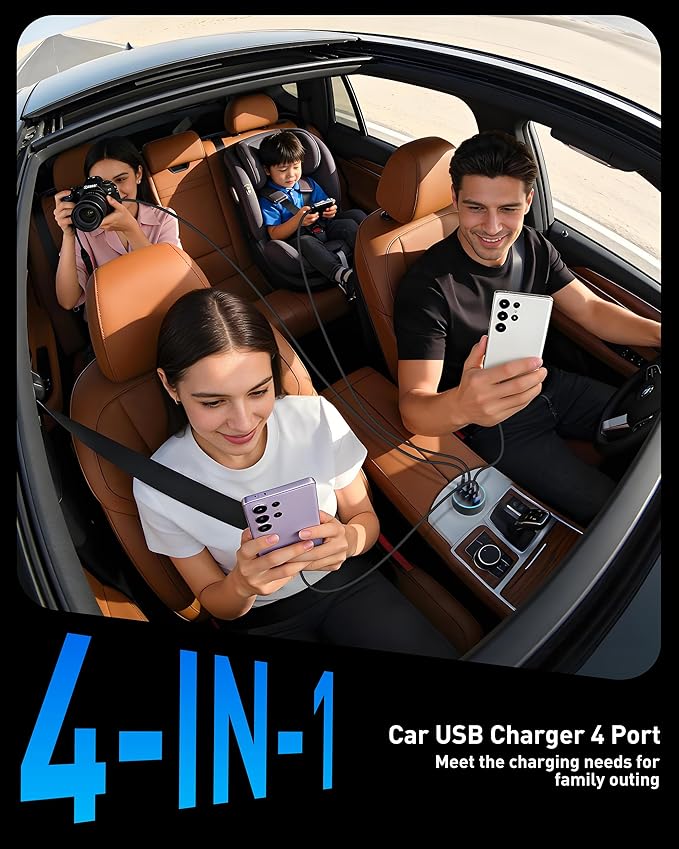 USB C Car Charger, 90W 4-Port Super Fast Charging Car Charger Adapter Dual USB-C & USB-A Cigarette Lighter with 240W Type C to C Cable Cord for Samsung Galaxy S25/S24/S23/S22/S21 Ultra, Android Phone