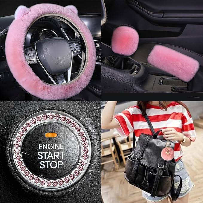 ZYNQACC 9 Pack Cute Bear Fluffy Car Accessories for Women Girls,Kawaii Fuzzy Steering Wheel Cover Universal 15 inch Plush Cute Ears (Pink)